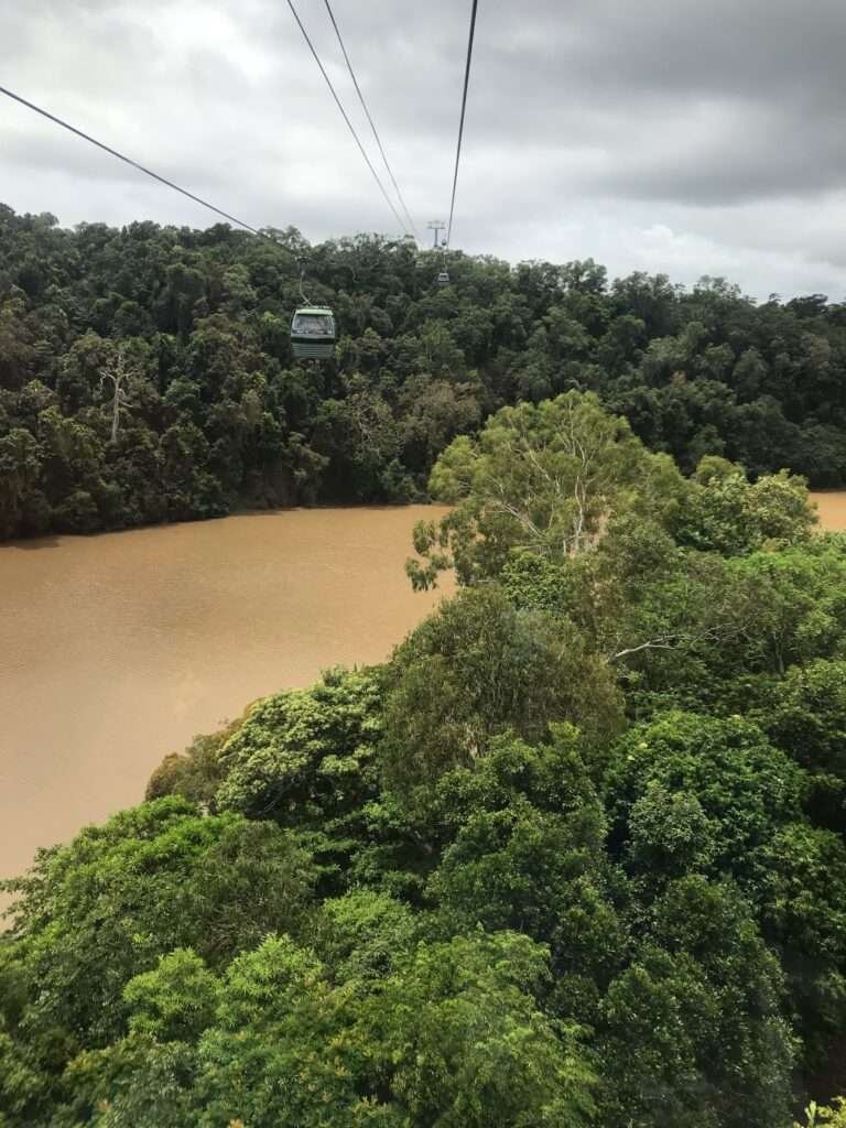 Molly from Mollywozhere travel blog showing the view of the river below from the Skyrail Rainforest Cable car in Kuranda, Australia.