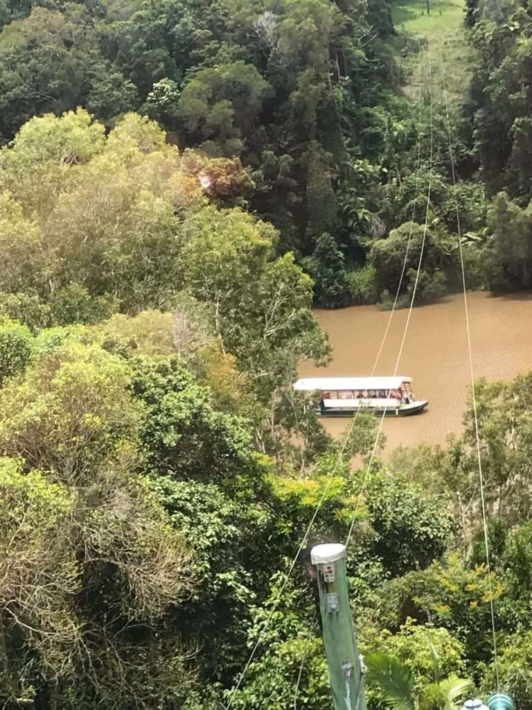 Molly from Mollywozhere travel blog showing the view below from Skyrail Rainforest Cable car in Kuranda, Australia.
