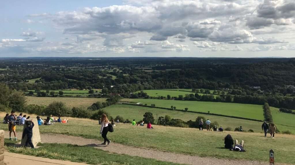 Molly from Mollywozhere travel blog at the Salomons Memorial viewpoint at the summit of Box Hill, Surrey.