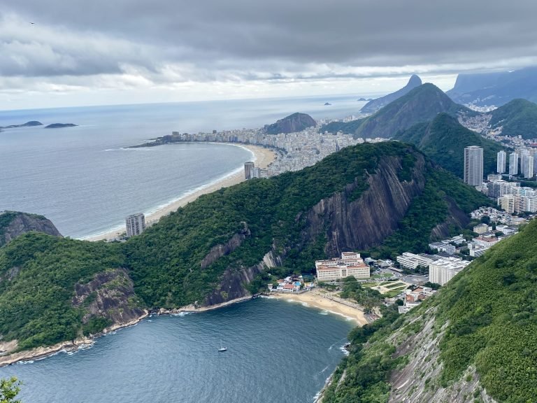 Molly from Mollywozhere travel blog showing an aerial view of Copacabana Beach, Sugar Loaf Mountain and harbour, Rio.