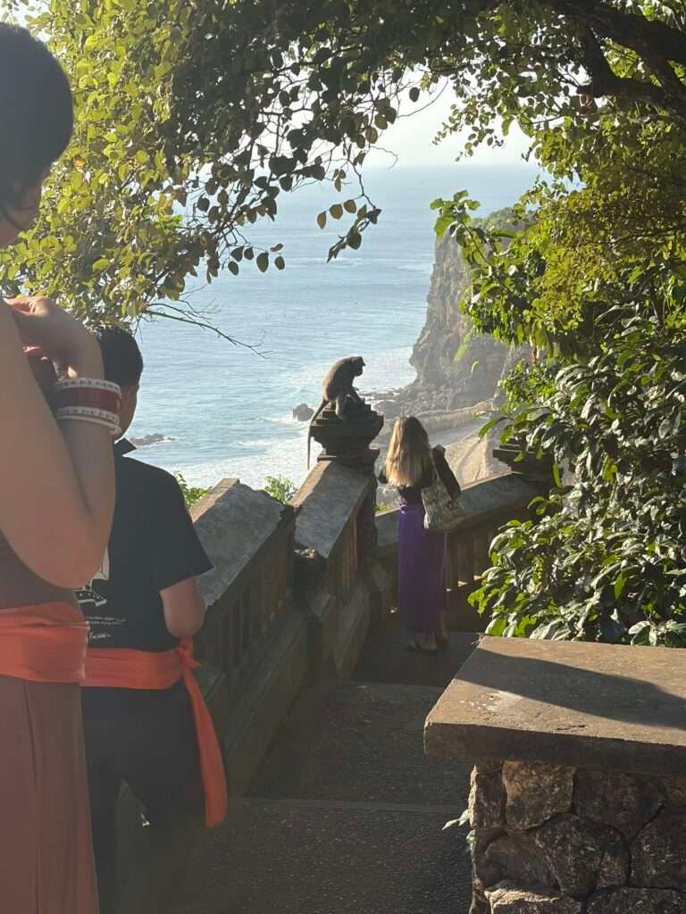 Molly from Mollywozhere travel blog watching a mischievous monkey snatch a lady's glasses in Uluwatu Temple, Bali.
